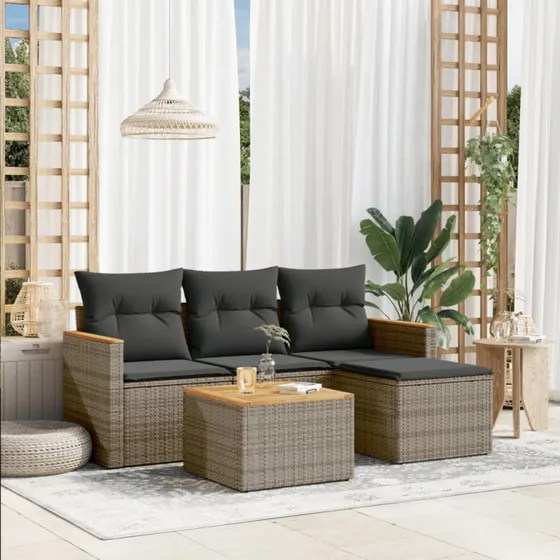 Gråt 5-dele polyrattan sofasæt med hynder