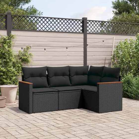 Havesofasæt 4 dele i sort polyrattan inkl. hynder