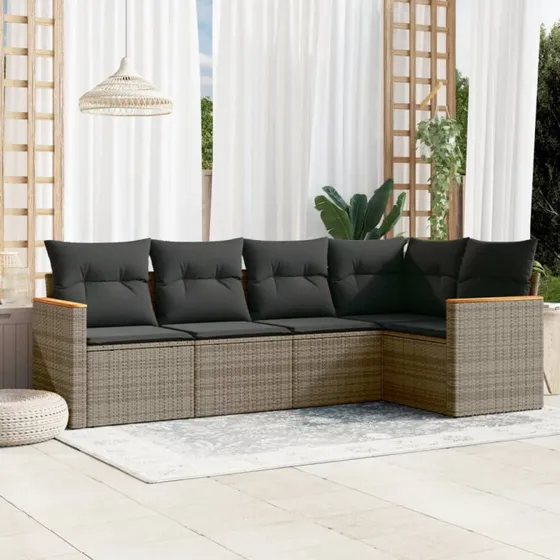 Havesofasæt 5 dele i polyrattan - grå med hynder