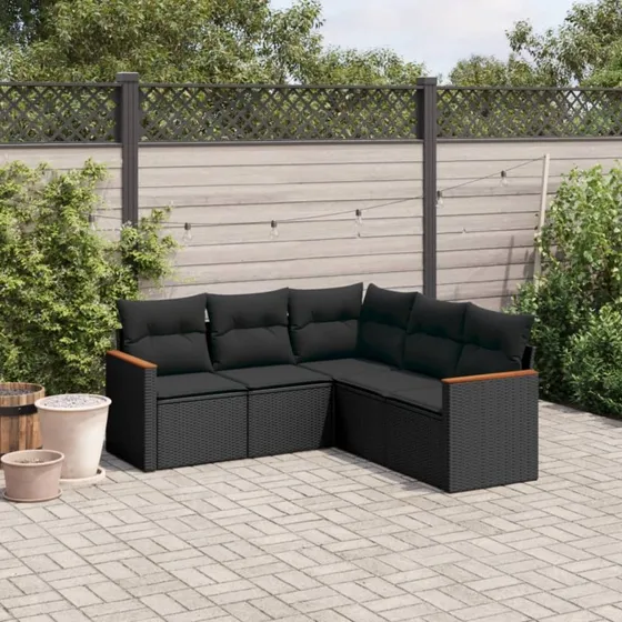 Sofasæt til haven 5 dele i polyrattan – sort med hynder