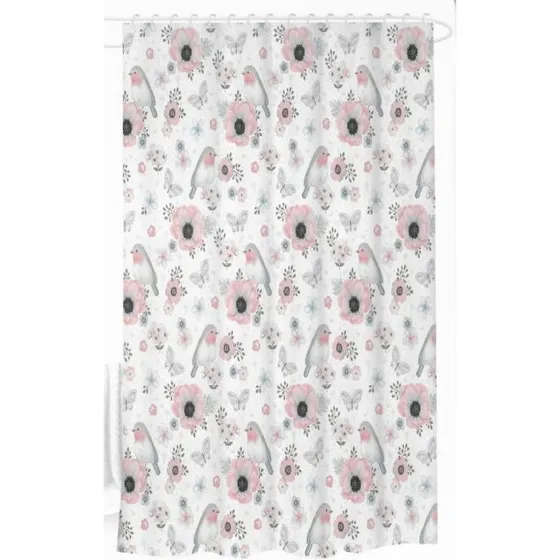 UdenMærke badeforhæng 180x180 cm – hvid med blomster og fugle