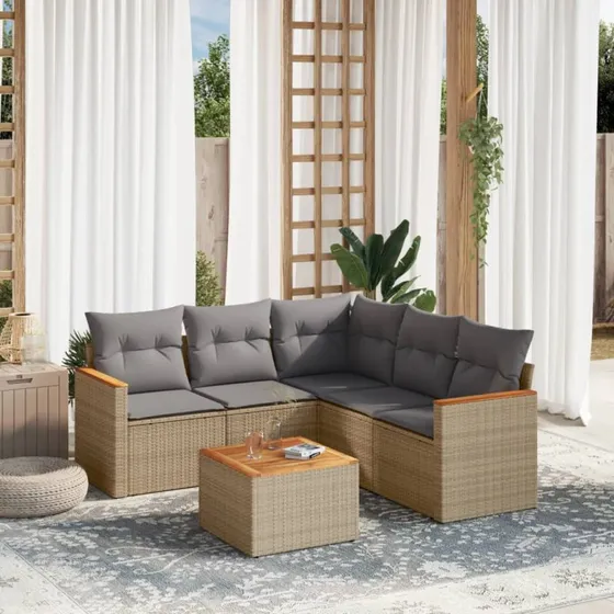 Havesofasæt 6 dele i polyrattan med hynder, beige