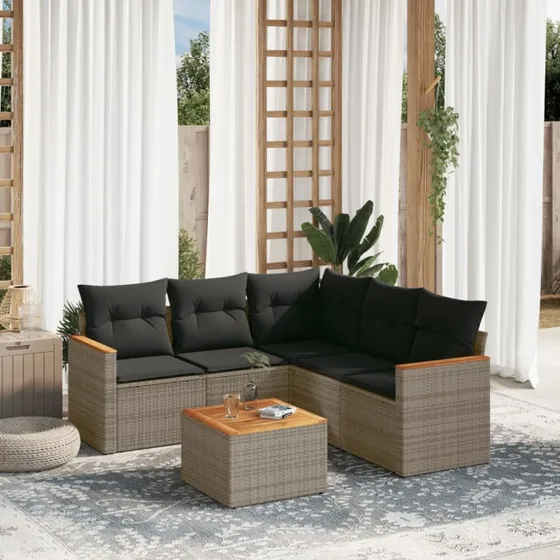 Sofasæt til haven 6 dele i polyrattan med hynder, grå