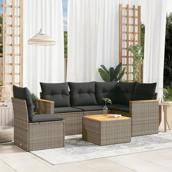 6-dele havemøbel sofasæt i grå polyrattan med hynder