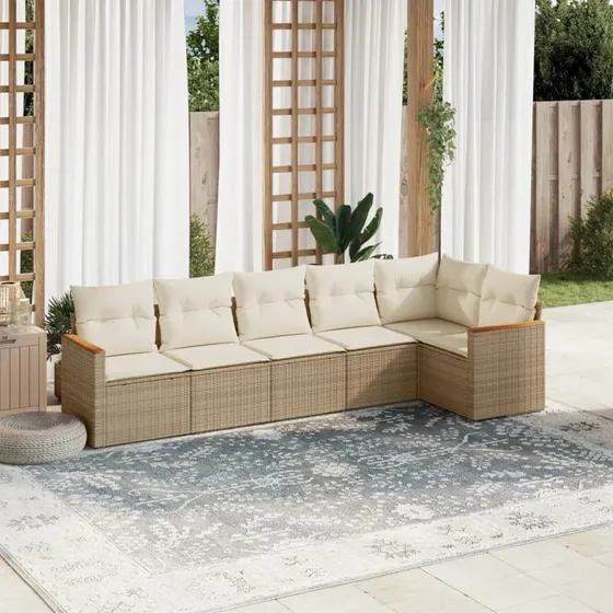Sofasæt til haven 6 dele i polyrattan – beige med hynder