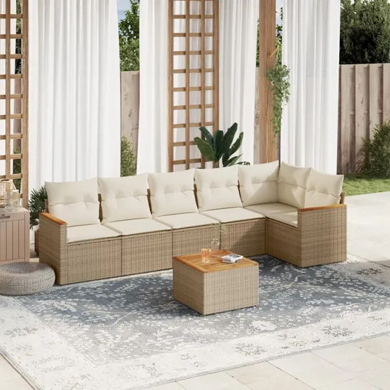Sofasæt til haven 7 dele i polyrattan med hynder - beige