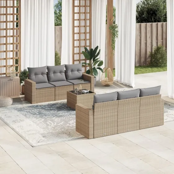 Sofasæt til haven 7 dele i beige polyrattan