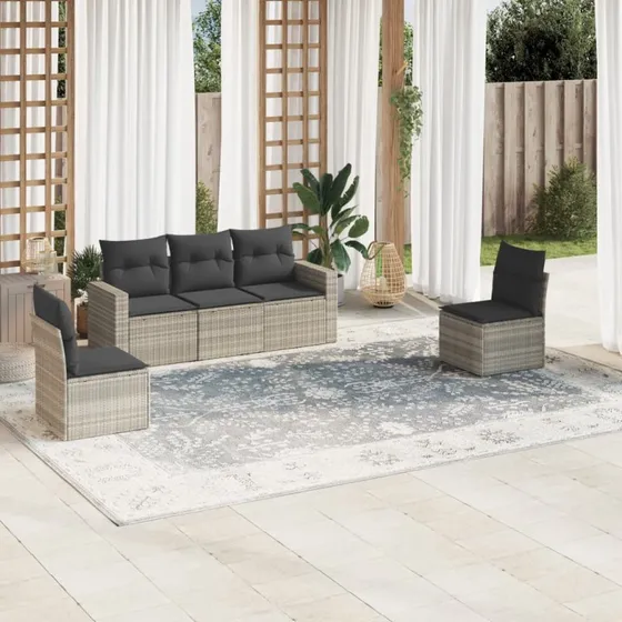 Havesofasæt 5 dele i lysegrå polyrattan med hynder