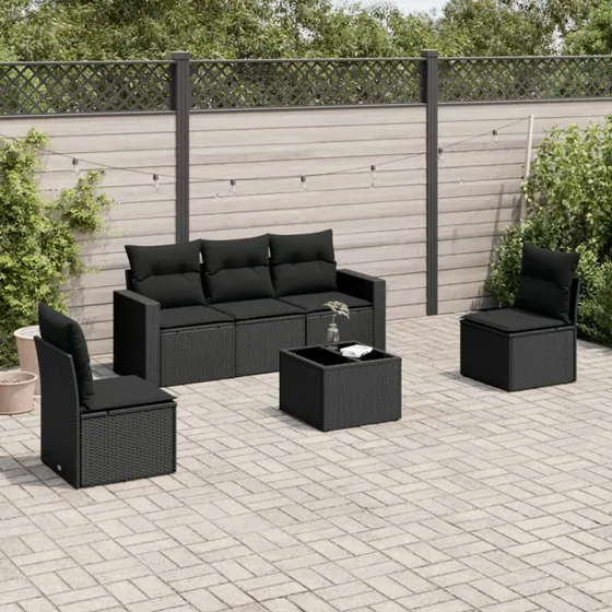Havesofasæt 6 dele i sort polyrattan inkl. hynder