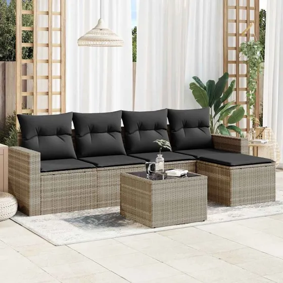 Havesofasæt 6 dele i polyrattan med hynder – lysegrå