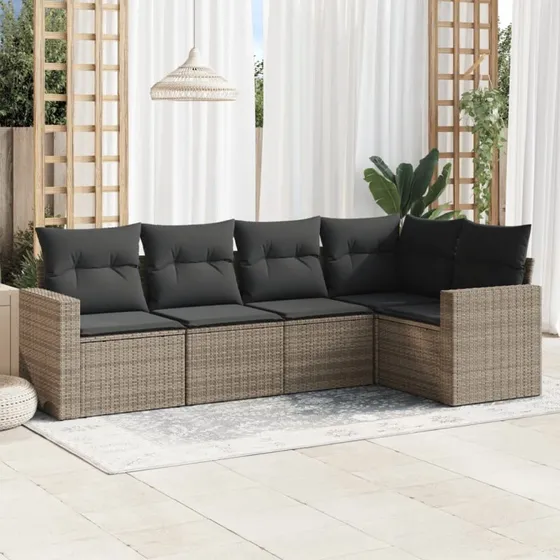 Sofasæt 5 dele i polyrattan med hynder, grå