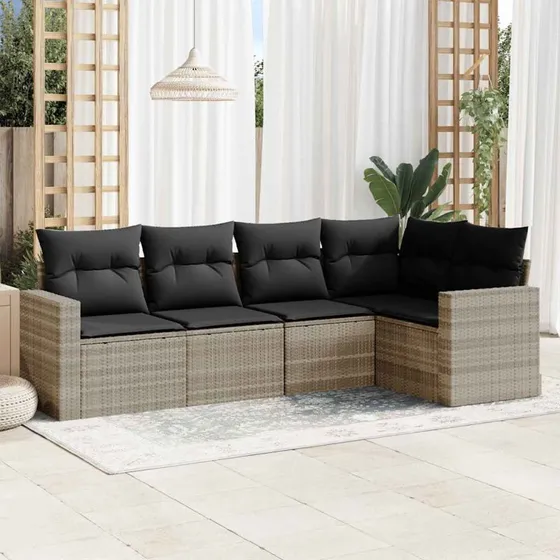 5-dele sofasæt i lysegrå polyrattan med hynder