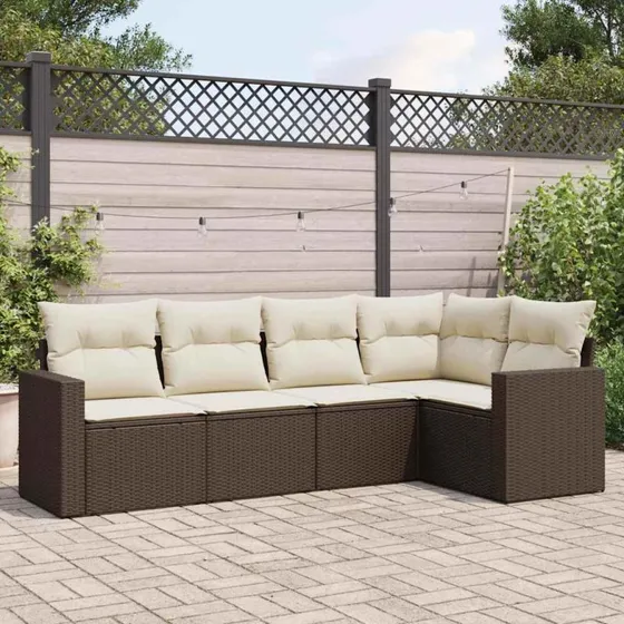 Havesofasæt 5 dele i polyrattan med hynder – brun