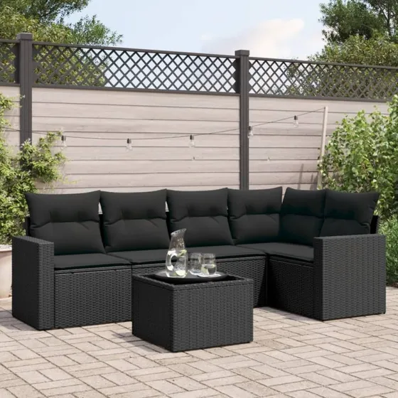 Havesofasæt 6 dele i sort polyrattan inkl. hynder