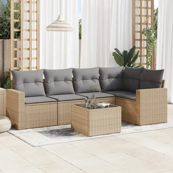Sofasæt til haven 6 dele i polyrattan med hynder beige