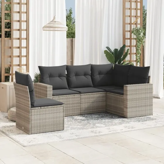 Sofasæt 5 dele i polyrattan med hynder - lysegrå