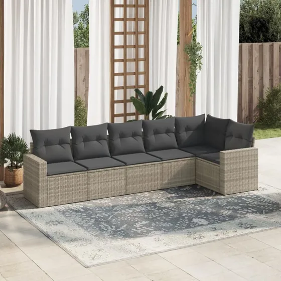 Havesofasæt 6 dele i polyrattan med hynder – lysegrå