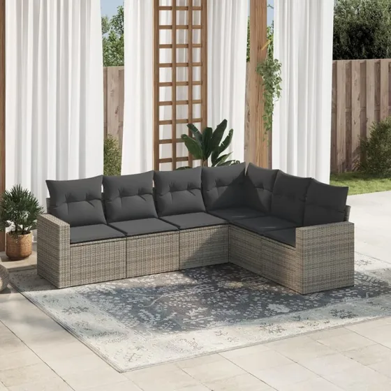 6-dele havemøbel sofasæt i grå polyrattan med hynder