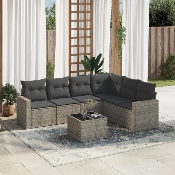 Havesofa 7 dele i polyrattan med hynder, grå