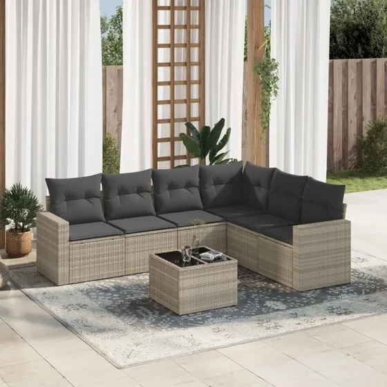 Havesofasæt 7 dele i polyrattan lysegrå med hynder