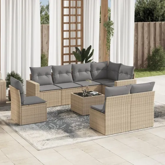 Sofasæt til haven 9 dele i polyrattan med hynder – beige