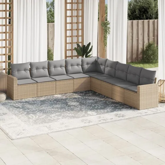 Havesofasæt 9 dele i polyrattan med hynder – beige