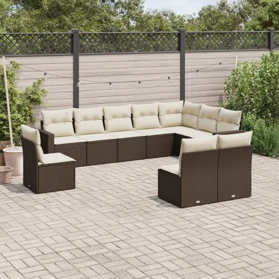 10-dele polyrattan sofasæt til haven med hynder, brun