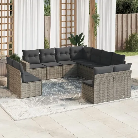 Loungesæt i polyrattan 11 dele med hynder - grå