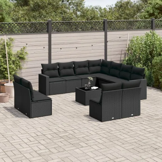 Havesofasæt 12 dele i sort polyrattan med hynder