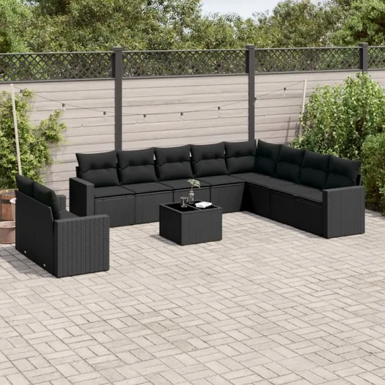 Havesofa sæt 11 dele i sort polyrattan med hynder