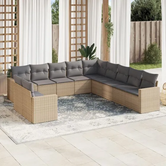 Havesofasæt 11 dele i polyrattan - beige med hynder