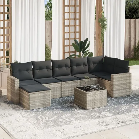 Havesofasæt polyrattan 8 dele, lysegrå med hynder