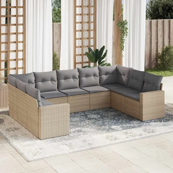Havesofasæt 9 dele i beige polyrattan inkl. hynder