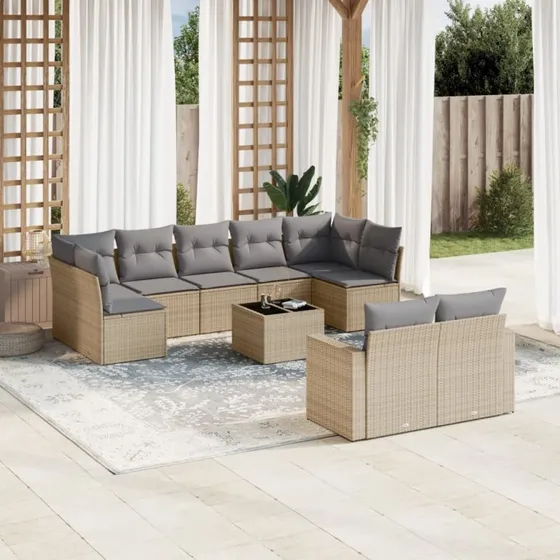 Havesofasæt 10 dele i polyrattan med hynder - beige