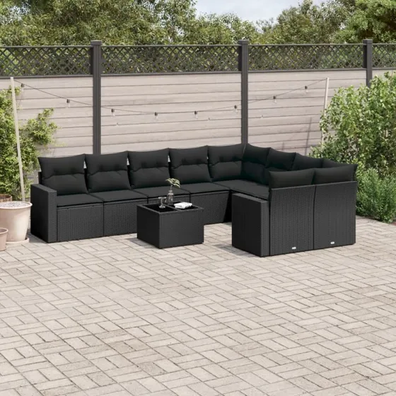 Havesofa-sæt 10 dele i sort polyrattan med hynder
