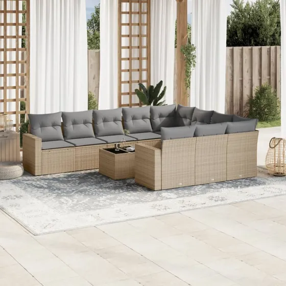 Havesofasæt 11 dele polyrattan med hynder – beige