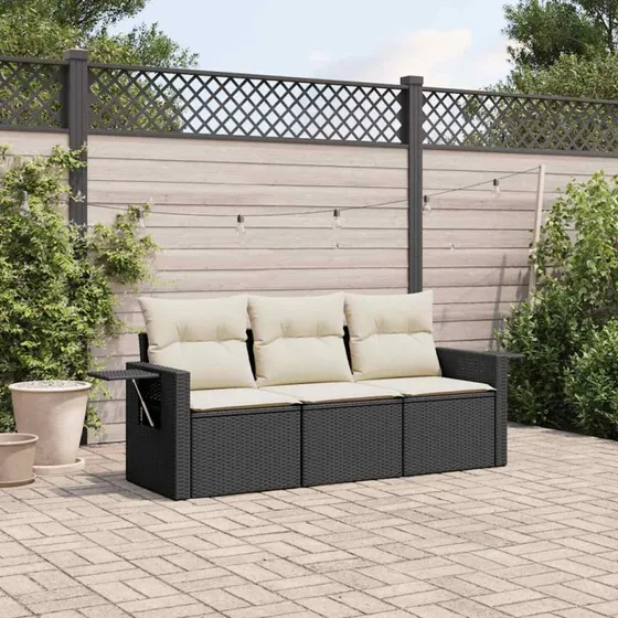 Polyrattan sofasæt til haven 3 dele med hynder, sort