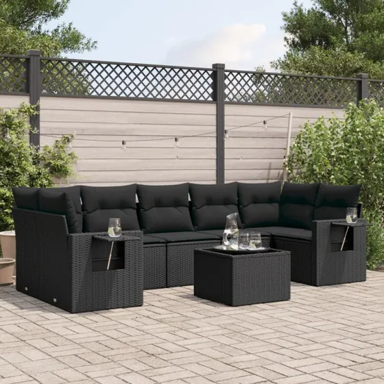 Havesofasæt 8 dele i sort polyrattan med hynder