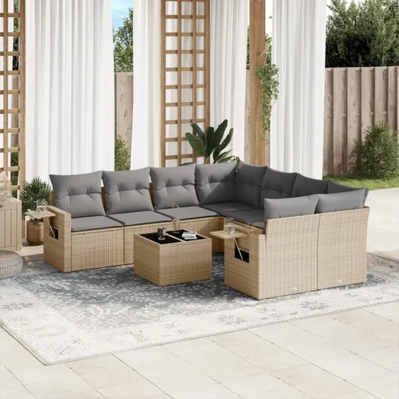 Havesofasæt 9 dele i polyrattan beige inkl. hynder