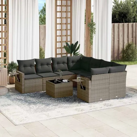 Havesæt 9 dele i grå polyrattan med hynder