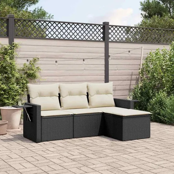 Havesofa sæt 4 dele i sort polyrattan med hynder