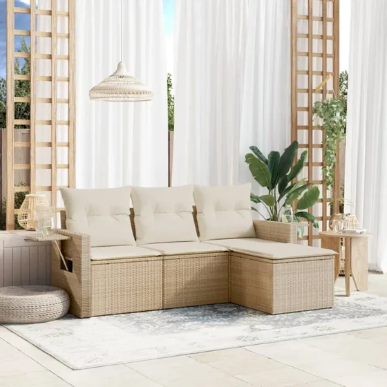 Sofasæt i polyrattan til have 4 dele med hynder – beige