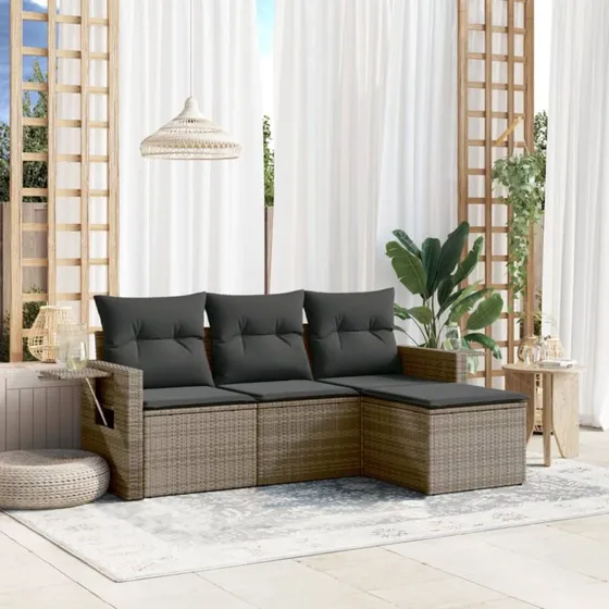 Sofasæt til haven 4 dele i grå polyrattan inkl. hynder