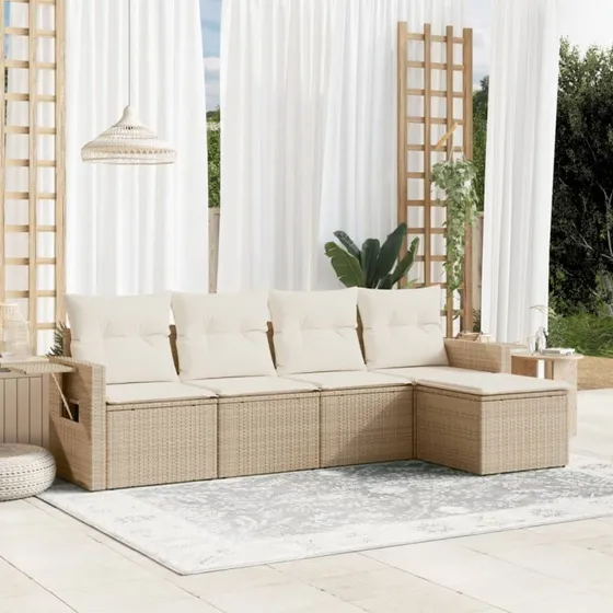 Polyrattan sofasæt til haven 5 dele med hynder - Beige