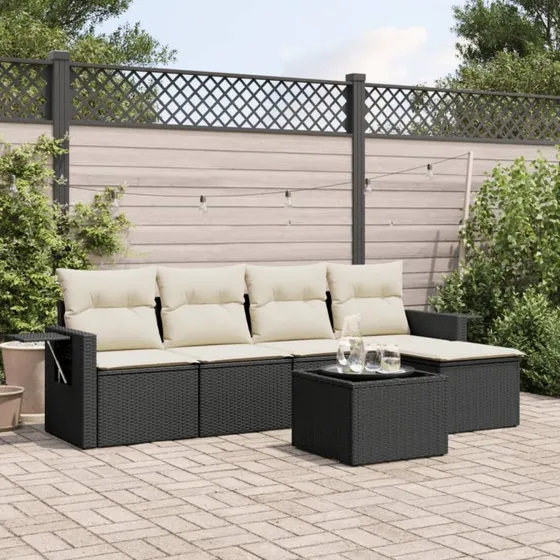 Havesofa sæt 6 dele i sort polyrattan med hynder