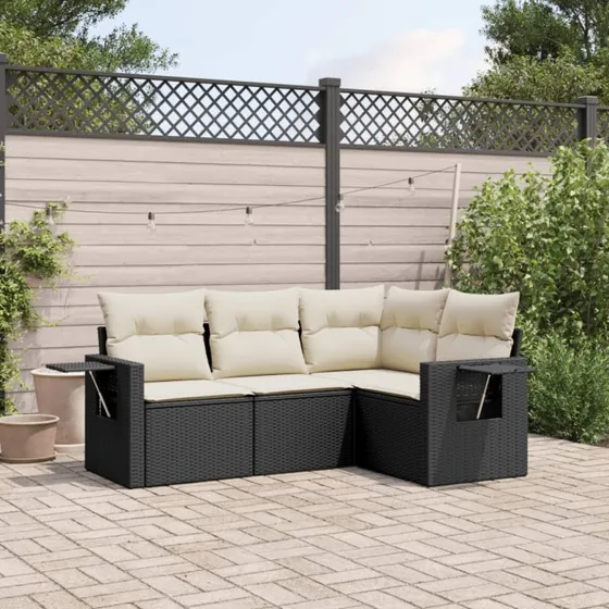 Havesofasæt 4 dele i polyrattan med hynder – sort