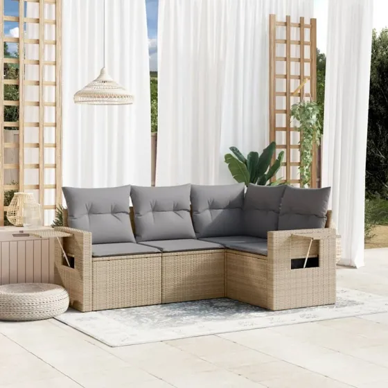 Havesofasæt 4 dele i polyrattan med hynder – beige