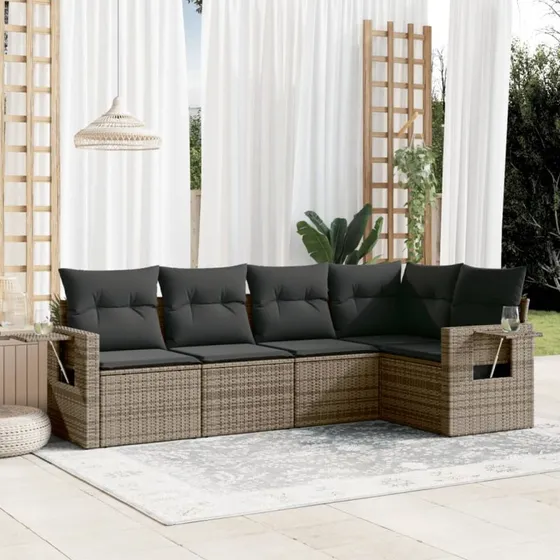 Sofasæt 5 dele i grå polyrattan med hynder