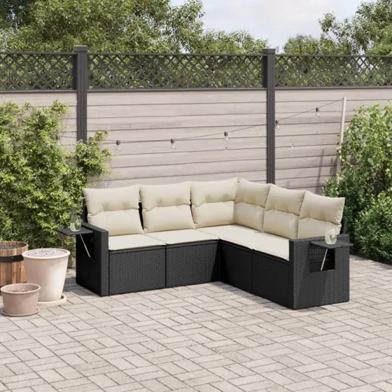5-dele havesofasæt i sort polyrattan med hynder