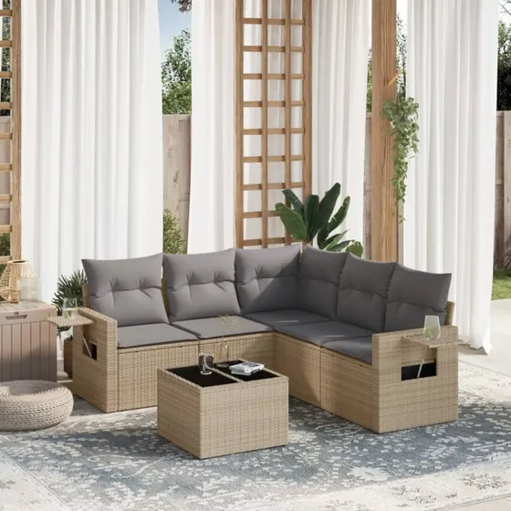 Havesofasæt 6 dele i polyrattan med hynder - beige
